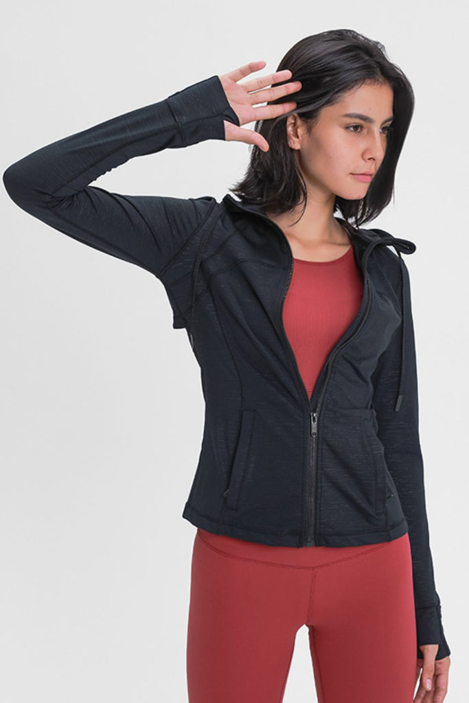 Drawstring Detail Zip Up Sports Jacket with Pockets - Seductively Posh LLC