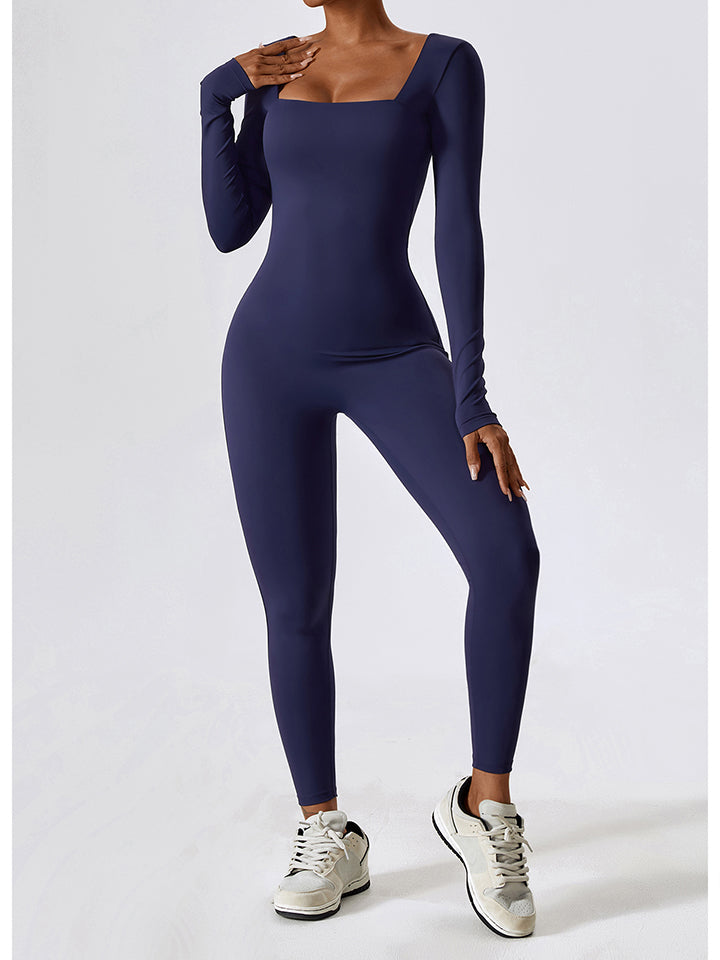Square Neck Long Sleeve Sports Jumpsuit - Seductively Posh LLC