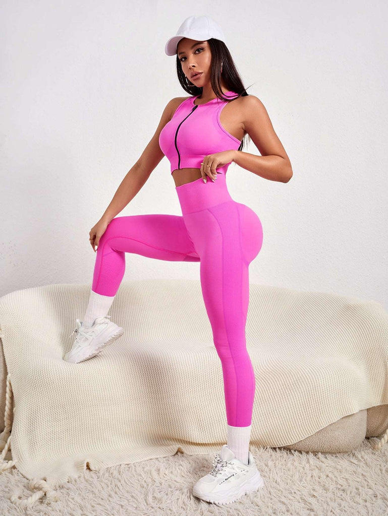 2pcs Seamless High Stretch Yoga Set Gym Suit Zip Up Tank & Tummy Control Leggings