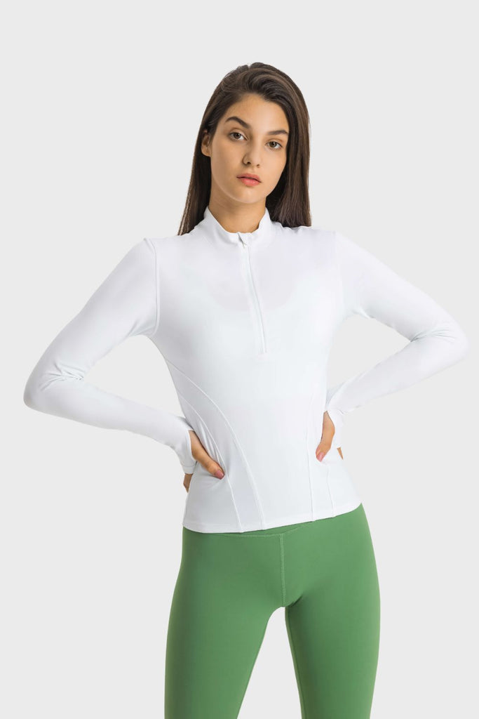 Half Zip Thumbhole Sleeve Sports Top - Seductively Posh LLC