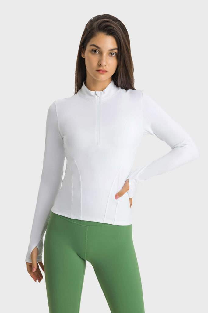 Half Zip Thumbhole Sleeve Sports Top - Seductively Posh LLC