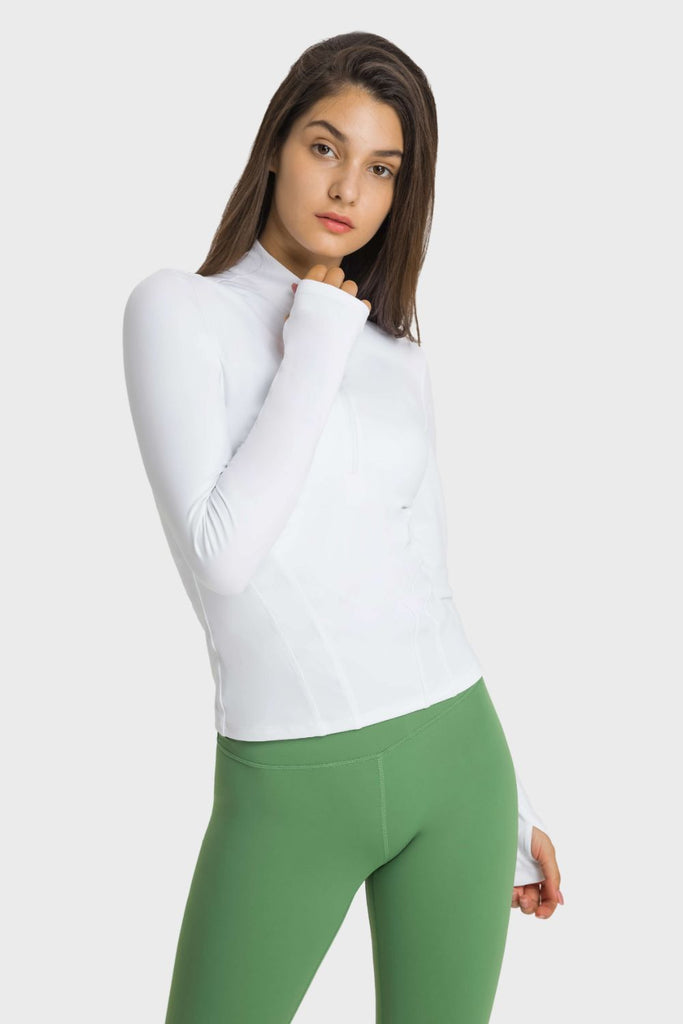 Half Zip Thumbhole Sleeve Sports Top - Seductively Posh LLC