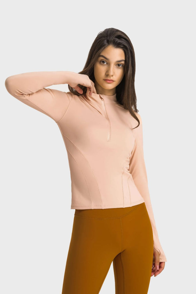 Half Zip Thumbhole Sleeve Sports Top - Seductively Posh LLC