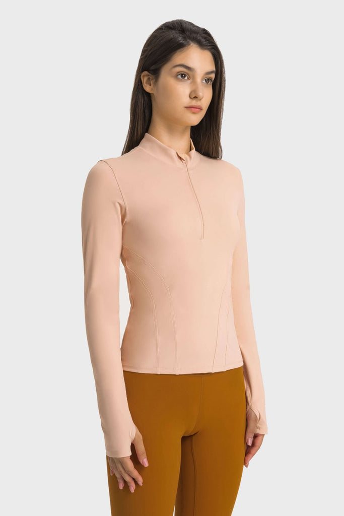 Half Zip Thumbhole Sleeve Sports Top - Seductively Posh LLC