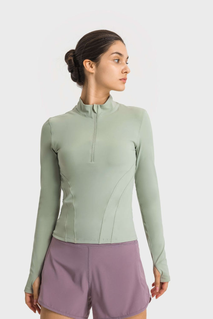 Half Zip Thumbhole Sleeve Sports Top - Seductively Posh LLC