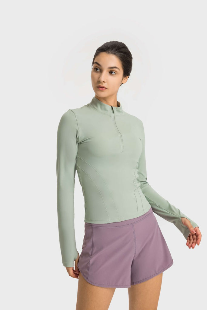 Half Zip Thumbhole Sleeve Sports Top - Seductively Posh LLC