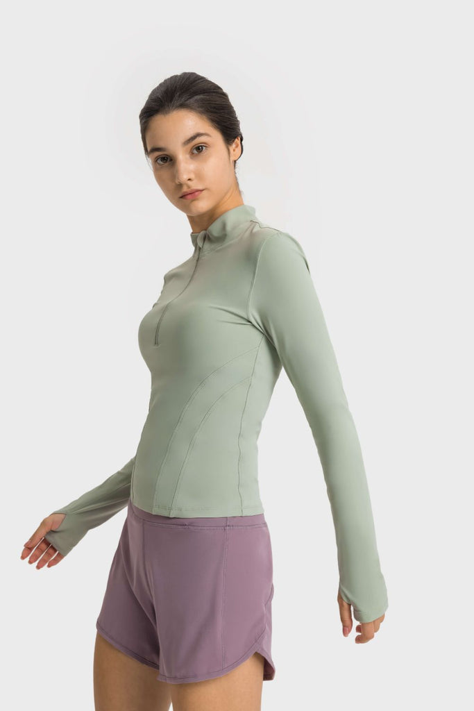 Half Zip Thumbhole Sleeve Sports Top - Seductively Posh LLC