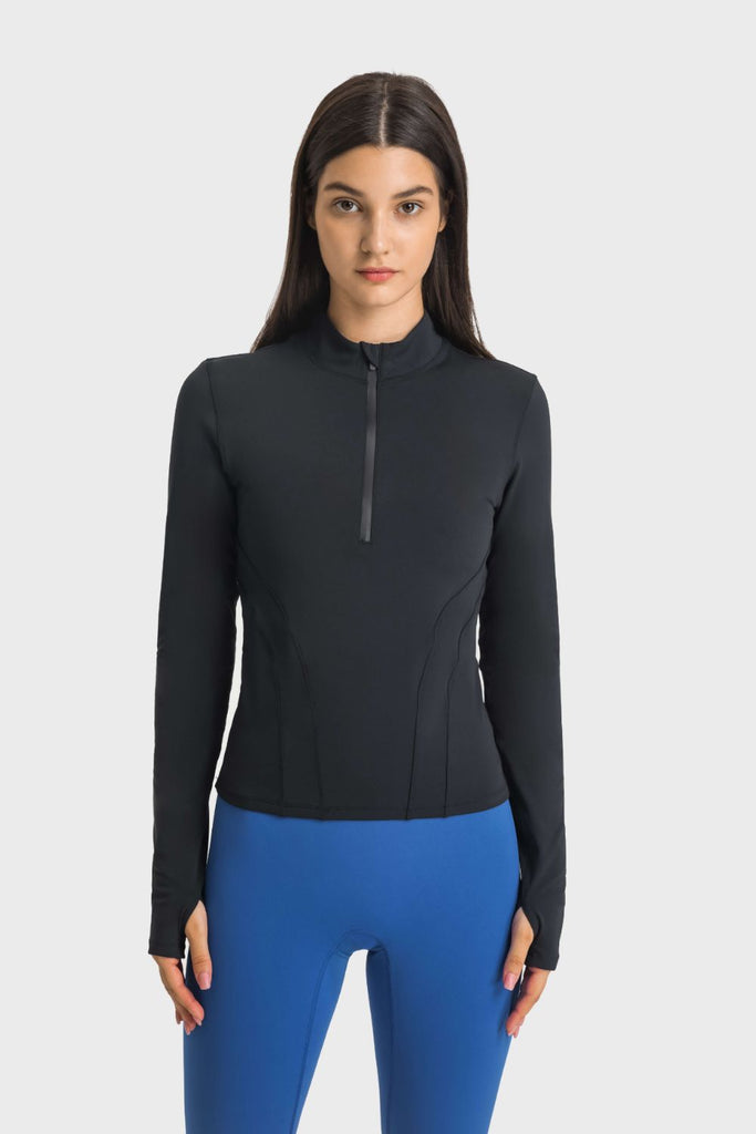 Half Zip Thumbhole Sleeve Sports Top - Seductively Posh LLC