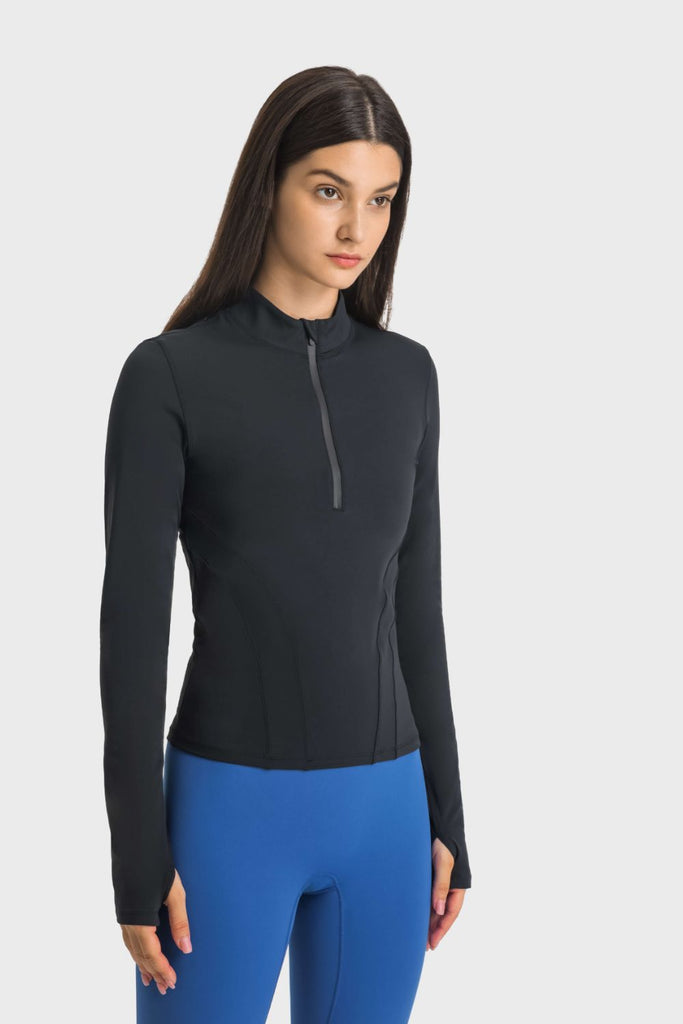 Half Zip Thumbhole Sleeve Sports Top - Seductively Posh LLC