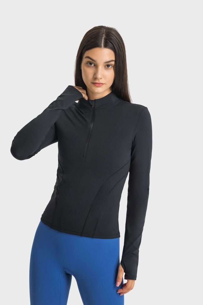 Half Zip Thumbhole Sleeve Sports Top - Seductively Posh LLC