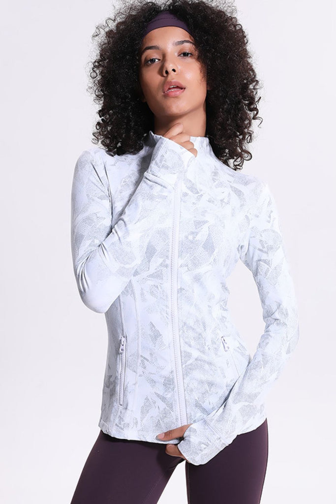 Printed Zip Up Thumbhole Sleeve Sports Jacket - Seductively Posh LLC