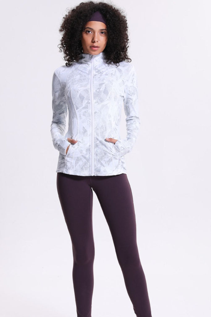 Printed Zip Up Thumbhole Sleeve Sports Jacket - Seductively Posh LLC