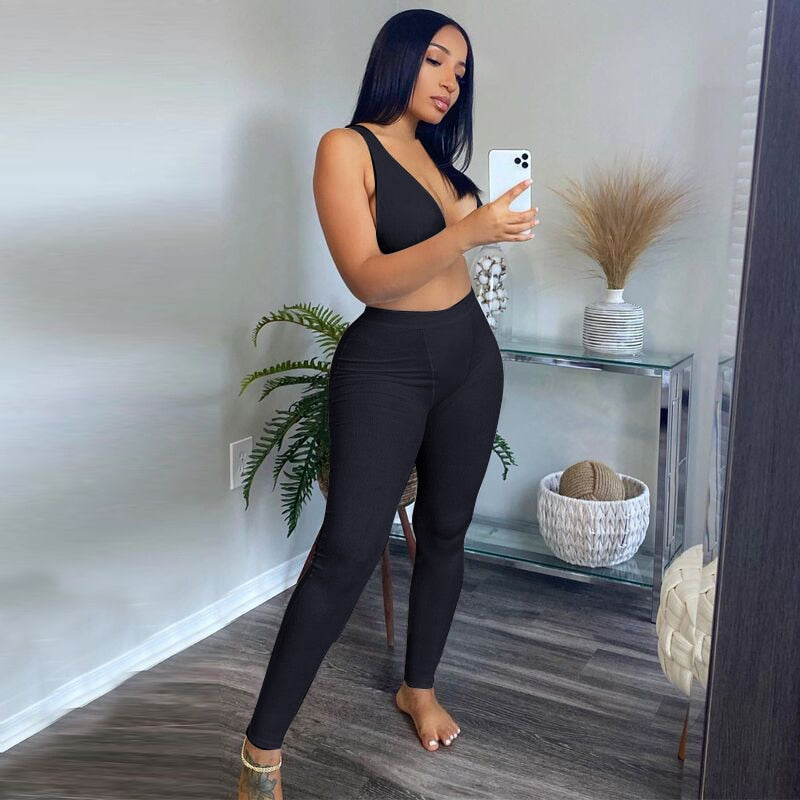 Rib Knit V Neck Crop Top and Leggings Two Piece Set Tracksuits Seductively Posh LLC