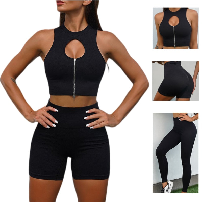 Ribbed Yoga Set Sleeveless Zipper Crop Top Shorts Workout Set - Seductively Posh LLC