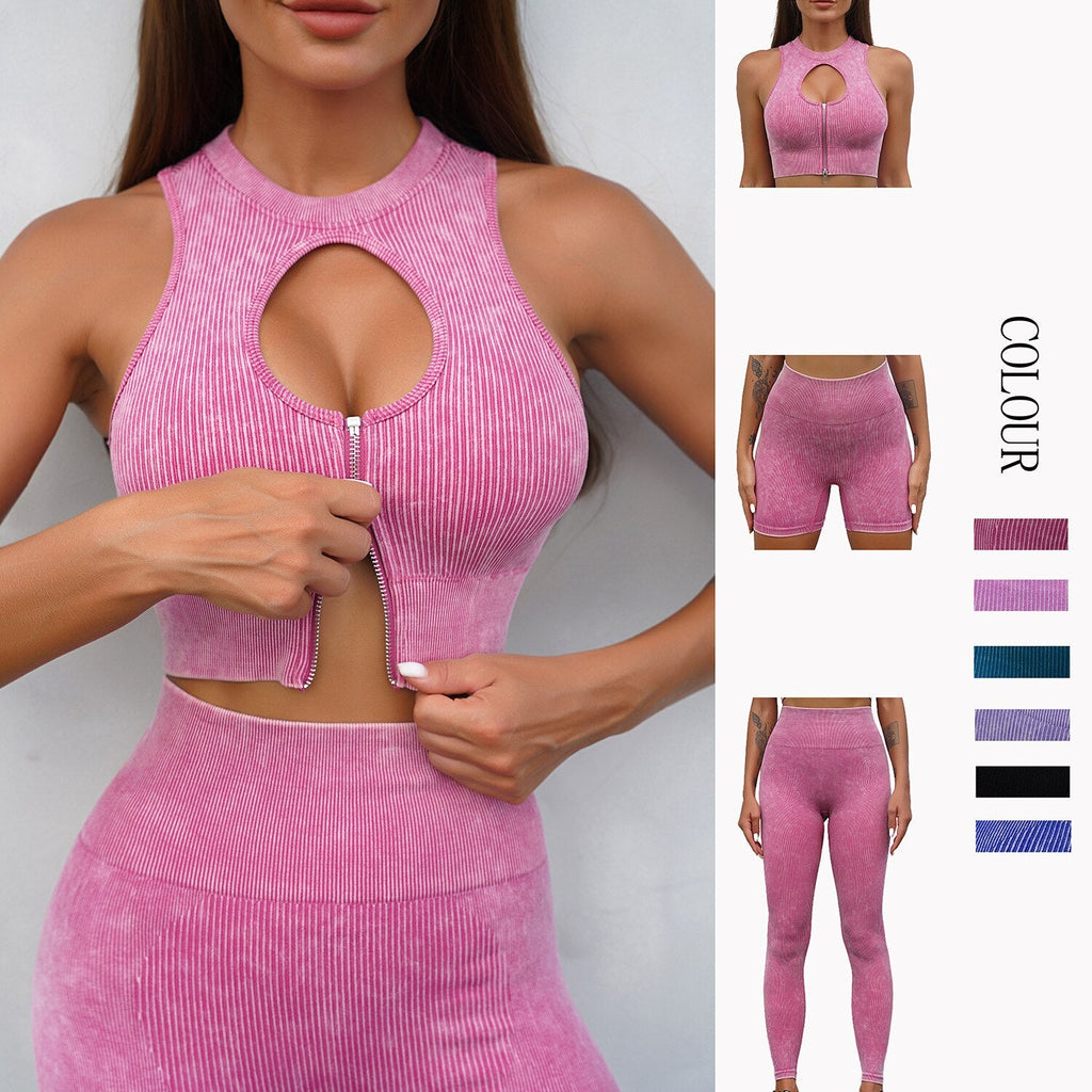 Ribbed Yoga Set Sleeveless Zipper Crop Top Shorts Workout Set - Seductively Posh LLC